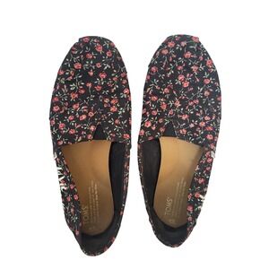 TOMS Womens 9 Alpargata Black Floral La Vie est Belle Canvas Slip On Flats Shoes
